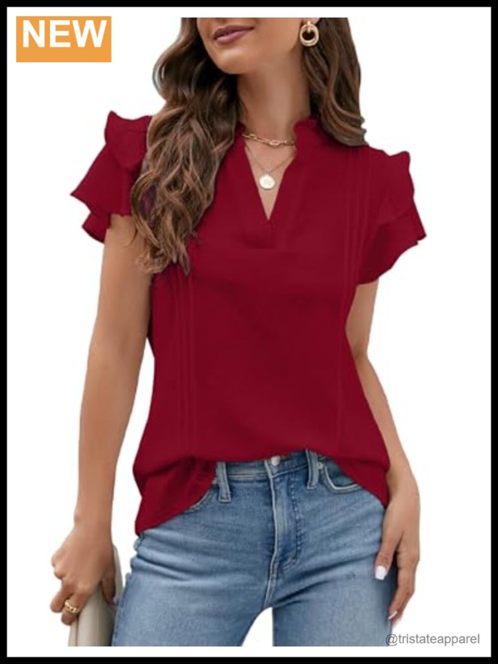 Womens Dressy Casual V Neck Ruffle Short Sleeve Blouse - Polyester Spandex